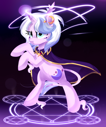Size: 1600x1910 | Tagged: safe, artist:spookyle, oc, oc only, oc:moondust, classical unicorn, pony, unicorn, auction, cape, clothes, commission, ear piercing, earring, female, hexagram, horn, jewelry, leonine tail, magic, mare, piercing, rearing, solo, unshorn fetlocks, ych result