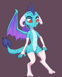 Size: 800x1000 | Tagged: safe, artist:grissaecrim, princess ember, dragon, g4, clothes, dragoness, female, fingerless gloves, gloves, gray background, leggings, simple background, solo
