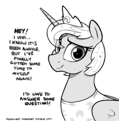 Size: 759x772 | Tagged: safe, artist:selenophile, princess luna, alicorn, pony, g4, alternate hair color, alternate hairstyle, black and white, dialogue, female, grayscale, looking at you, mare, monochrome, moonlight inquiries, short mane, solo, text, white hair