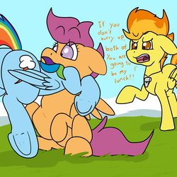 Size: 3000x3000 | Tagged: safe, artist:undercoverpone, rainbow dash, scootaloo, spitfire, pegasus, pony, g4, butt, dialogue, drill sergeant, eaten alive, endosoma, female, fetish, filly pred, high res, mare, non-fatal vore, plot, preydash, scootapred, soft vore, swallowing, vore, whistle, whistle necklace