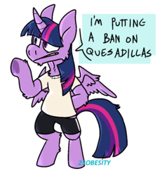 Size: 864x947 | Tagged: safe, artist:pony-puke, twilight sparkle, alicorn, pony, semi-anthro, g4, arm hooves, clothes, female, mare, shirt, shorts, simple background, solo, t-shirt, they're just so cheesy, turophobia, twilight sparkle (alicorn), underhoof, white background