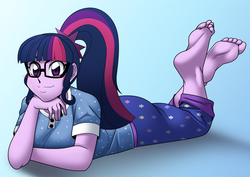 Size: 1280x905 | Tagged: safe, artist:cyborg-steve, sci-twi, twilight sparkle, equestria girls, g4, barefoot, big feet, blushing, clothes, commission, cute, feet, female, glasses, hand on chin, looking at you, pajamas, pants, ponytail, sleepwear, smiling, soles, solo, toes, twiabetes, wiggling toes