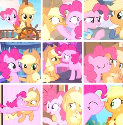 Size: 740x752 | Tagged: safe, edit, edited screencap, editor:lisaloudleijon, screencap, applejack, pinkie pie, best gift ever, fame and misfortune, g4, hearthbreakers, pinkie apple pie, ppov, scare master, boop, collage, cropped, cute, duo, face grab, female, flawless, lesbian, moodboard, noseboop, ship:applepie, shipping, shipping fuel