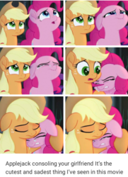 Size: 535x740 | Tagged: safe, edit, edited screencap, editor:lisaloudleijon, screencap, applejack, pinkie pie, earth pony, pony, g4, my little pony: the movie, applejack's hat, cowboy hat, cropped, crying, crying on the outside, duo, duo female, female, floppy ears, hat, lesbian, male, pinkie cry, sad, ship:applepie, shipping, teary eyes, text