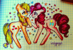 Size: 540x376 | Tagged: safe, artist:ladygagys, applejack, pinkie pie, g4, female, graph paper, lesbian, love, ship:applepie, shipping, traditional art