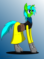 Size: 1500x2000 | Tagged: safe, artist:derpanater, oc, oc only, oc:live "derp" bait, pony, unicorn, fallout equestria, armor, clothes, female, gradient background, radiation suit, rule 63, saddle bag, scarf, solo