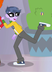 Size: 402x558 | Tagged: safe, screencap, heath burns, micro chips, a fine line, equestria girls, g4, my little pony equestria girls: better together, clothes, converse, cropped, glasses, leg in air, male, pants, shoes, smiling, sneakers, solo focus