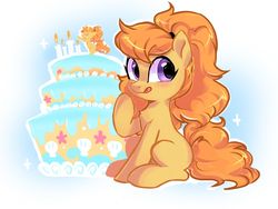 Size: 1400x1050 | Tagged: safe, artist:oofycolorful, oc, oc only, earth pony, pony, blank flank, cake, candle, chest fluff, female, food, looking back, mare, ponytail, simple background, solo, tongue out