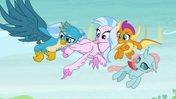 Size: 1280x720 | Tagged: safe, screencap, gallus, ocellus, silverstream, smolder, changedling, changeling, classical hippogriff, dragon, griffon, hippogriff, g4, school daze, chest fluff, claws, dragoness, female, flying, looking down, male, pointing, wings
