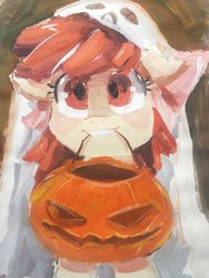 Size: 1536x2048 | Tagged: safe, artist:oofycolorful, apple bloom, earth pony, ghost, pony, g4, female, filly, halloween, holiday, pumpkin bucket, solo, traditional art