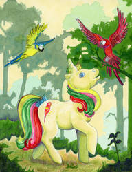 Size: 784x1019 | Tagged: safe, artist:calzephyr, mimic (g1), bird, blue-and-yellow macaw, macaw, parrot, pony, scarlet macaw, twinkle eyed pony, unicorn, g1, animal, bow, female, flying, mare, solo, spread wings, tail bow, traditional art, wings