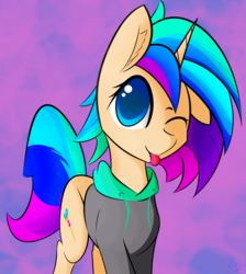 Size: 1848x2067 | Tagged: safe, artist:creepypastapon3, oc, oc only, oc:fuchsia, pony, unicorn, abstract background, clothes, colored pupils, hoodie, looking at you, one eye closed, smiling, solo, tongue out