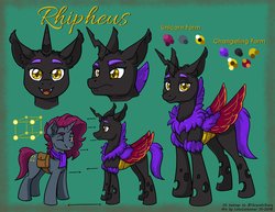 Size: 3300x2550 | Tagged: safe, artist:latecustomer, oc, oc only, oc:rhipheus, changeling, annoyed, changeling oc, chest fluff, crystal lattice, cutie mark, disguise, disguised changeling, fluffy changeling, high res, male, one eye closed, reference sheet, smiling, solo, wink