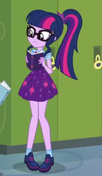Size: 286x492 | Tagged: safe, screencap, sci-twi, twilight sparkle, best trends forever, best trends forever: twilight sparkle, equestria girls, g4, my little pony equestria girls: better together, book, canterlot high, clothes, cropped, female, glasses, legs, lockers, ponytail, shoes, skirt, solo
