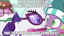 Size: 888x499 | Tagged: safe, edit, edited screencap, screencap, rarity, spike, dragon, pony, g4, my little pony best gift ever, blushing, boop, clothes, glasses, image macro, meme, scarf, striped scarf, text, winged spike, wings, winter, winter outfit