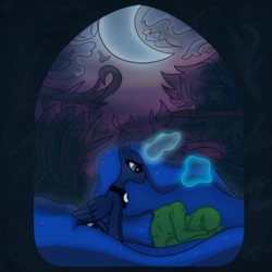 Size: 2400x2400 | Tagged: safe, artist:undisputed, princess luna, oc, oc:anon, alicorn, human, pony, g4, drawthread, female, high res, human male, magic, male, mare, night, sleeping