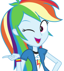 Size: 3500x3890 | Tagged: safe, artist:mlpcreativelab, rainbow dash, equestria girls, g4, my little pony equestria girls: rainbow rocks, .ai available, .svg available, clothes, collar, collar shirt, female, high res, looking at you, one eye closed, open mouth, pointing, rainbow dash's shirt with a collar, shirt, shirt with a collar, simple background, smiling, solo, t-shirt, teenager, transparent background, vector, wink, wristband