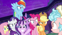 Size: 1280x720 | Tagged: safe, edit, edited screencap, screencap, applejack, cozy glow, fluttershy, pinkie pie, rainbow dash, rarity, starlight glimmer, twilight sparkle, alicorn, earth pony, pegasus, pony, unicorn, g4, no second prances, school raze, angry, cute, female, filly, freckles, glare, glimmerbetes, happy, looking at each other, mare, one of these things is not like the others, raised hoof, smiling, twilight sparkle (alicorn)