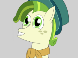 Size: 1280x960 | Tagged: safe, artist:doubtfuld, pistachio, earth pony, pony, g4, my little pony best gift ever, clothes, gray background, male, scarf, simple background, smiling, solo, stallion