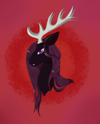 Size: 1681x2081 | Tagged: safe, artist:dyonys, oc, oc only, oc:eminor, demon, abstract background, antlers, bust, deer nose, ear fluff, fangs, furfur, looking at you, male, stallion
