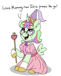 Size: 621x768 | Tagged: safe, artist:pastel-charms, oc, oc only, oc:pansy everfree, earth pony, pony, adopted offspring, clothes, dress, fake alicorn, fake horn, fake wings, female, filly, implied twilight sparkle, parent:twilight sparkle, simple background, solo, white background
