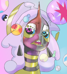 Size: 2024x2232 | Tagged: safe, artist:ponyhiall, oc, bubble, choker, cutie mark, ear piercing, earring, eyeshadow, flowing mane, high res, horn, jewelry, makeup, piercing, wobbly pi