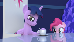 Size: 1920x1080 | Tagged: safe, artist:marcelexe, pinkie pie, twilight sparkle, alicorn, earth pony, pony, g4, 3d, blender, coffee, cutie map, friendship throne, pinkie found the coffee, reflection, smiling, soon, twilight sparkle (alicorn), xk-class end-of-the-world scenario
