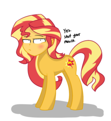 Size: 1163x1267 | Tagged: safe, artist:winter-scarf, sunset shimmer, half-pony, human head pony, equestria girls, g4, blushing, female, looking at you, my horse prince, not salmon, reverse anthro, solo, tardy the man pony, text, unamused, wat, what has magic done, what has science done