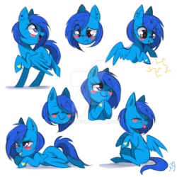 Size: 800x800 | Tagged: safe, artist:ipun, oc, oc only, oc:static, pegasus, pony, blushing, deviantart watermark, electricity, eyes closed, female, mare, obtrusive watermark, one eye closed, simple background, solo, tongue out, watermark, white background, wink