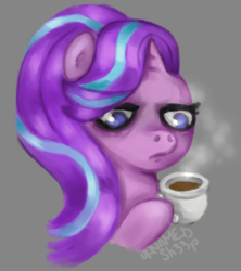 Size: 612x690 | Tagged: safe, artist:milkyramen, starlight glimmer, pony, unicorn, g4, coffee, cup, female, grumpy, solo