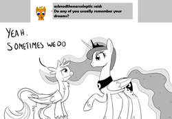 Size: 1280x888 | Tagged: safe, artist:sintakhra, gallus, princess luna, pony, tumblr:studentsix, g4, ask, monochrome, tumblr