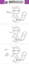 Size: 1158x2590 | Tagged: safe, artist:sintakhra, ocellus, changedling, changeling, tumblr:studentsix, g4, ask, clapping, confused, cute, diaocelles, female, happy, monochrome, post-it, solo, speech bubble, tumblr