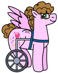 Size: 962x1203 | Tagged: safe, artist:kindheart525, oc, oc only, oc:confetti surprise, pegasus, pony, kindverse, amputee, glasses, missing limb, next generation, offspring, parent:cheese sandwich, parent:pinkie pie, parents:cheesepie, scar, simple background, stump (limb), transparent background, wheelchair