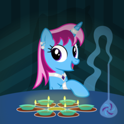Size: 6400x6400 | Tagged: safe, artist:parclytaxel, oc, oc only, oc:parcly taxel, genie, genie pony, pony, unicorn, ain't never had friends like us, albumin flask, .svg available, absurd resolution, armband, bottle, candle, collar, deepavali, diwali, diya, ear piercing, earring, female, horn ring, jewelry, lamp, looking at you, mare, oil lamp, rangoli, smiling, solo, vector, wingless
