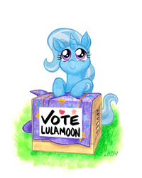 Size: 900x1125 | Tagged: safe, alternate version, artist:texasuberalles, trixie, pony, unicorn, box, c:, cute, diatrixes, featured image, female, hat, leaning, looking up, mare, simple background, sitting, smiling, solo, traditional art, vote, watercolor painting, white background