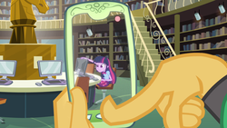 Size: 1920x1080 | Tagged: safe, screencap, snails, twilight sparkle, alicorn, equestria girls, g4, my little pony equestria girls, cellphone, computer, fingers, hand, library, phone, smartphone, struggle with technology, twilight sparkle (alicorn)