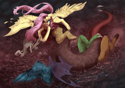 Size: 1268x887 | Tagged: safe, artist:thecuriousfool, discord, fluttershy, bat pony, draconequus, pegasus, pony, g4, angry, badass, broken horn, crying, description, description is relevant, discobat, fangs, female, flutterbadass, flutterbat, flutterrage, fury, heterochromia, horn, implied blood, male, mama bear, mare, mud, offscreen character, role reversal, ship:discoshy, shipping, spread wings, story included, straight, tattered wings, tears of pain, tears of rage, this will end in death, this will end in pain, this will end in tears and/or death, transformation, wings, yandere, yandereshy