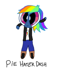 Size: 686x668 | Tagged: safe, artist:nightshadowmlp, rainbow dash, g4, secrets and pies, clothes, evil pie hater dash, pants, powerpuffified, rainbow dash's cutie mark, shirt, shoes, simple background, text, the powerpuff girls, white background