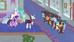 Size: 1280x720 | Tagged: safe, screencap, chancellor neighsay, gallus, ocellus, princess celestia, sandbar, silverstream, smolder, spike, twilight sparkle, yona, alicorn, dragon, pony, g4, school raze, hoof shoes, student six, twilight sparkle (alicorn), winged spike, wings