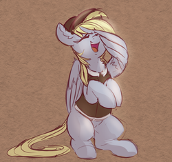 Size: 1494x1404 | Tagged: safe, artist:yoditax, derpy hooves, pegasus, pony, best gift ever, g4, 30 minute art challenge, clothes, cute, derpabetes, eyes closed, facewing, female, hat, laughing, mailmare, mare, open mouth, scene interpretation, sitting, solo, wing hands