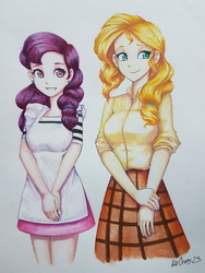 Size: 4032x3024 | Tagged: safe, artist:kvorias23, pear butter, sugar belle, human, g4, anime, clothes, humanized, skirt, traditional art