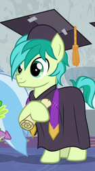 Size: 350x626 | Tagged: safe, screencap, sandbar, silverstream, spike, dragon, earth pony, pony, g4, school raze, cropped, discovery family logo, graduation cap, hat, male, offscreen character, smiling, teenager, winged spike, wings