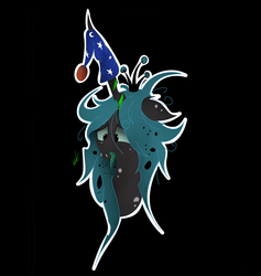 Size: 2353x2482 | Tagged: safe, artist:groomlake, queen chrysalis, changeling, changeling queen, pony, g4, black background, crown, female, hat, high res, horn, horn impalement, jewelry, nightcap, regalia, silly, simple background, sleeping, sleepy, solo, spots, tongue out