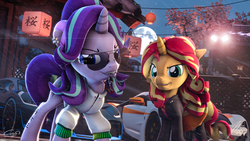 Size: 3840x2160 | Tagged: safe, artist:calveen, artist:imafutureguitarhero, starlight glimmer, sunset shimmer, pony, unicorn, equestria girls, g4, 3d, alternate hairstyle, aviator sunglasses, badass, bugatti, bugatti divo, car, chinese, chromatic aberration, clothes, collaboration, digital art, dress, duo, duo female, ear piercing, earring, equestria girls ponified, female, fence, glasses, high res, hoodie, hypercar, jewelry, key, keychain, lens flare, looking at you, lykan hypersport, mare, moon, mouth hold, piercing, ponified, signature, snow, source filmmaker, sunglasses, tattoo, teeth, tree, windswept mane