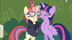Size: 1671x936 | Tagged: safe, screencap, moondancer, twilight sparkle, alicorn, pony, unicorn, amending fences, g4, bipedal, clothes, crying, duo, female, glasses, glowing horn, horn, levitation, magic, sweater, tears of joy, telekinesis, twilight sparkle (alicorn), wings, wiping tears