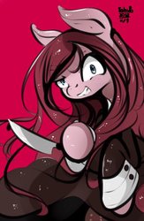 Size: 439x674 | Tagged: safe, artist:tohupo, pinkie pie, earth pony, semi-anthro, g4, arm hooves, cuffs (clothes), female, knife, mare, pinkamena diane pie, red background, simple background, solo