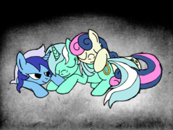 Size: 4160x3120 | Tagged: safe, artist:jesterofdestiny, bon bon, lyra heartstrings, minuette, sweetie drops, earth pony, pony, unicorn, g4, best friends, butt pillow, cuddle puddle, cuddling, dark background, digitally colored, eyes closed, female, friendshipping, lidded eyes, lying down, pony pile, sleeping, smiling, snuggling, traditional art, trio