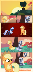 Size: 1919x4225 | Tagged: safe, artist:estories, applejack, oc, oc:silverlay, earth pony, original species, pony, umbra pony, unicorn, comic:a(pple)ffection, g4, comic, hill, red background, screaming, simple background, sunset, textless, tree