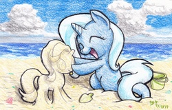 Size: 2000x1281 | Tagged: safe, artist:michiito, starlight glimmer, trixie, pony, unicorn, g4, beach, boop, craft, cute, diatrixes, duo, female, happy, mare, ocean, playing, precious, sand, sand sculpture, sculpture, smiling, solo, traditional art, water