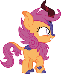 Size: 980x1200 | Tagged: safe, artist:cloudy glow, scootaloo, kirin, g4, sounds of silence, cloven hooves, colored hooves, cute, cutealoo, female, filly, foal, grin, kirin scootaloo, kirin-ified, kirinbetes, raised hoof, simple background, smiling, solo, species swap, standing, transparent background